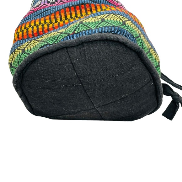 Large Embroidered Striped Pattern Drawstring Boho Bucket Weekender Travel Bag - Picture 3 of 8